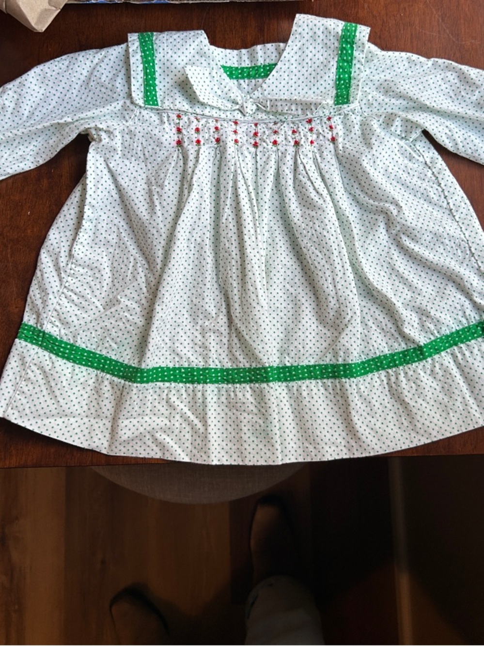 White Cotton Kids Formal Dress with Green Trim